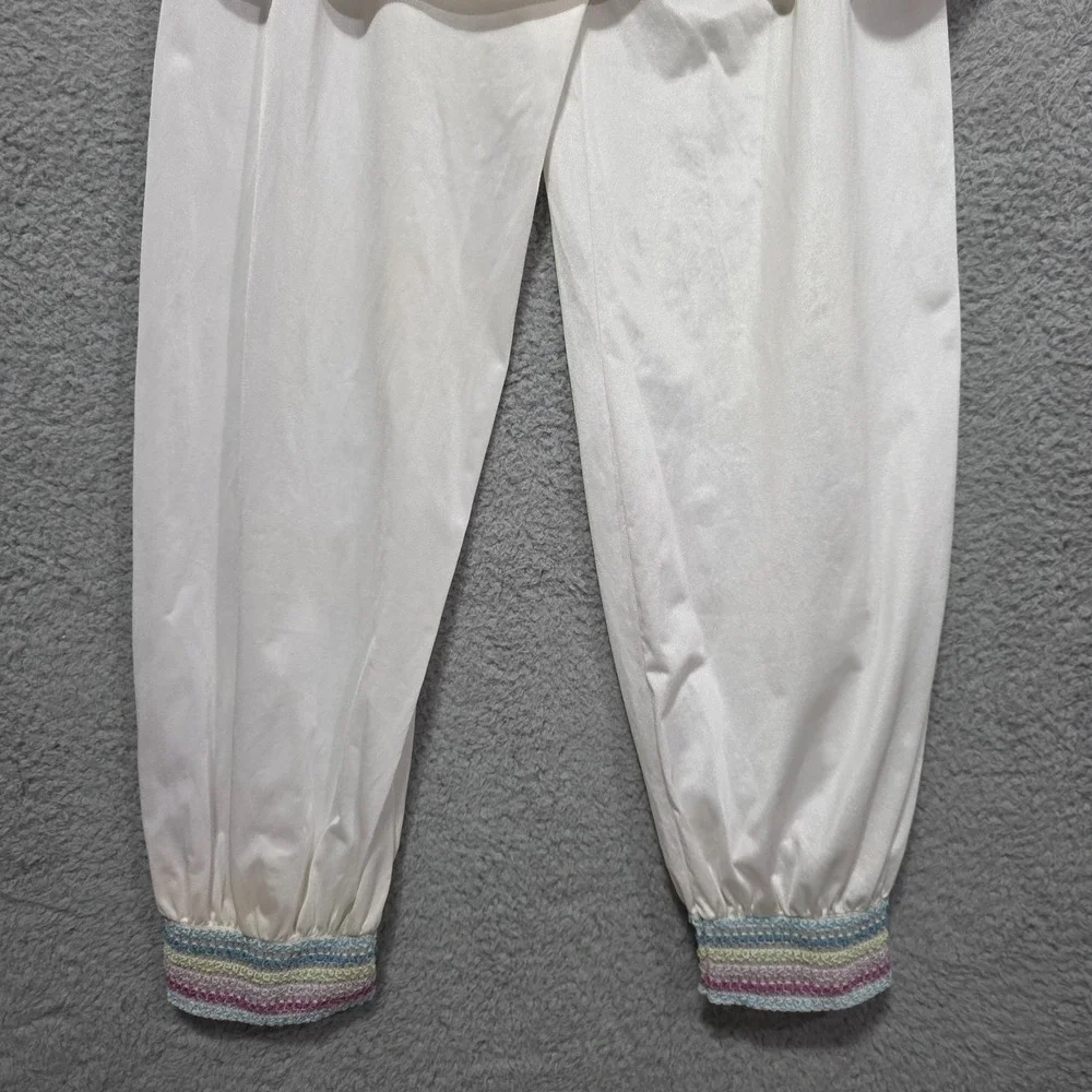 Vel Made Womens 80s White Nylon Tricot Pajama Set Smocking Granny Chic Vintage